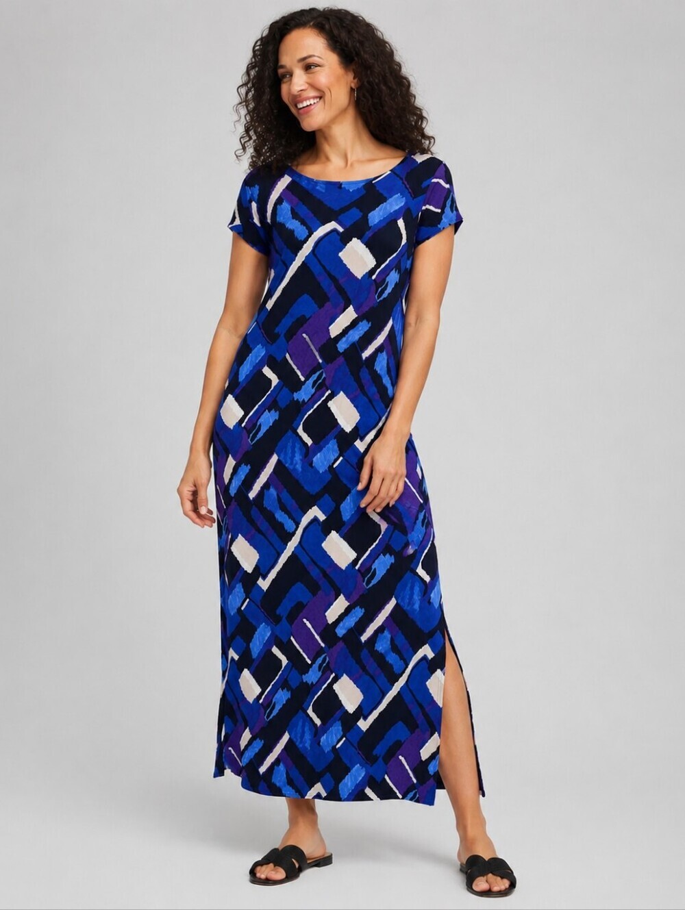 NWT Chicos Travelers Costa Grid Maxi Dress India Ink Blue Purple Large / 12